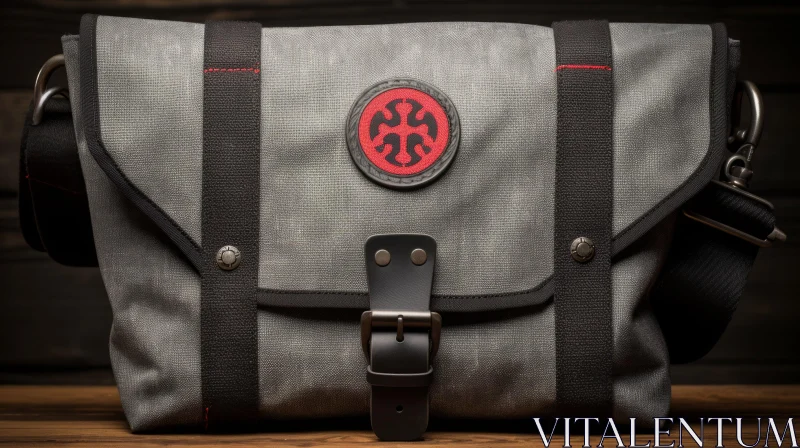Stylish Gray Canvas Messenger Bag with Red and Black Patch AI Image