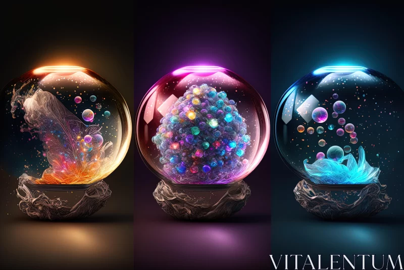 Surreal Glass Balls with Glowing Bubbles and Objects - Celestialpunk Artwork AI Image