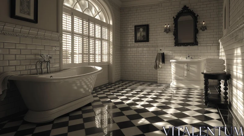 Timeless Elegance: Monochromatic Bathroom with Checkered Floor AI Image