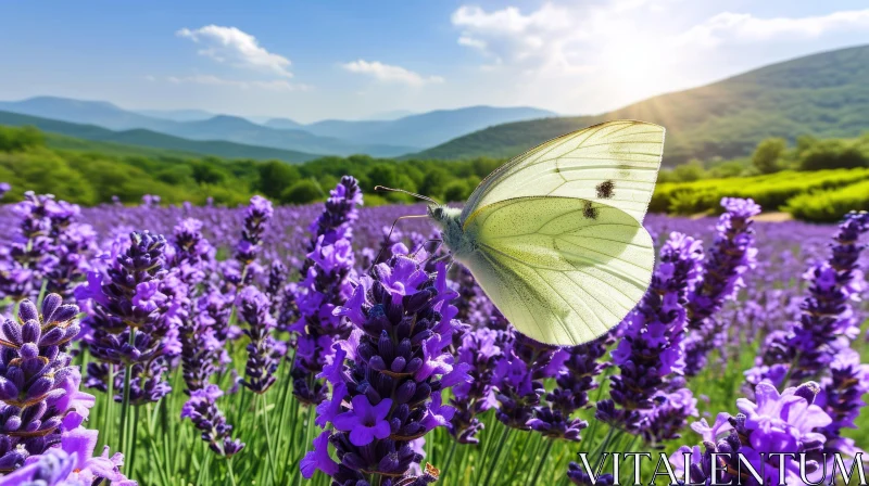 White Butterfly on Lavender Flower in Field - Serene Nature Scene AI Image