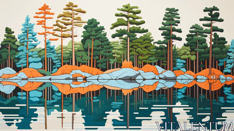 Colorful Painting: Serene Pine Forest with Rocks and Calm Waters AI Image