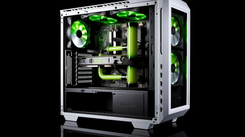 Green LED Gaming PC Case with Components | Technology Art