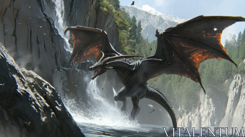 Majestic Black Dragon Soaring Over Waterfall - Digital Painting AI Image