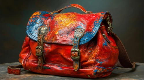 Stylish Red Leather Bag with Colorful Paint Splatters on Wooden Table