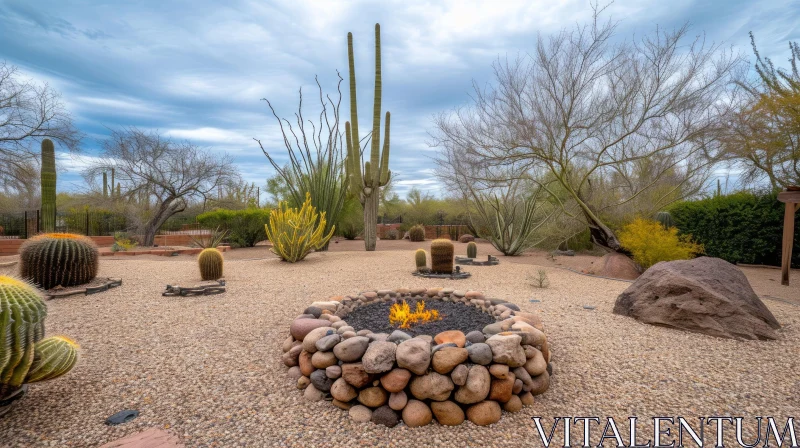 Tranquil Desert Landscape with Fire Pit and Saguaro Cactus AI Image