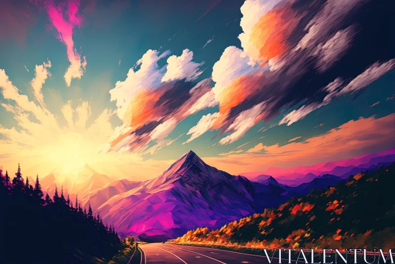 Breathtaking Mountain Road: Hyper-Detailed Illustration with Vibrant Palette AI Image