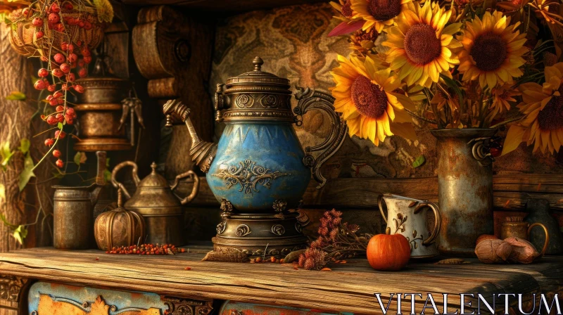 Captivating Still Life: Blue Teapot, Sunflowers, and Pumpkin on Wooden Table AI Image