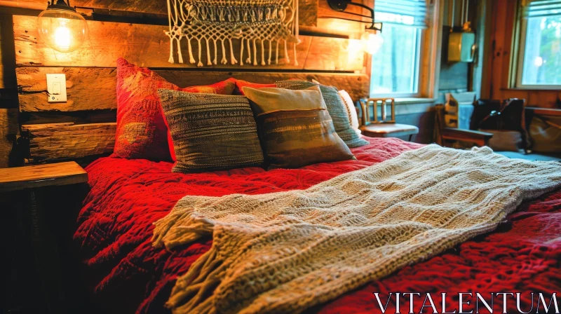 Cozy Bedroom with Red Comforter and Gray Blanket AI Image