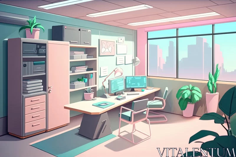 Dreamy Cartoon Office with Pink Wall and Plants AI Image