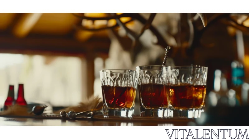 Elegant Whiskey Glasses on Wooden Bar Counter AI Image