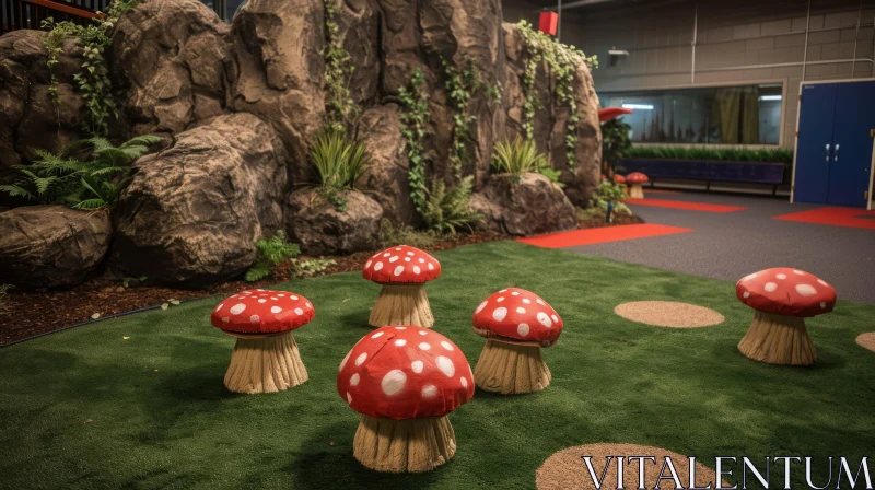Enchanting Children's Play Area with Red Toadstools on Green Lawn AI Image