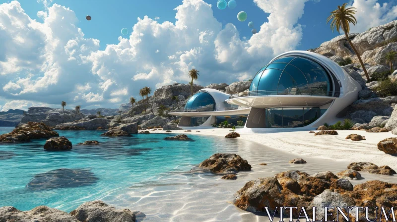 Futuristic Seascape: Serene Beach Houses and Lush Palm Trees AI Image