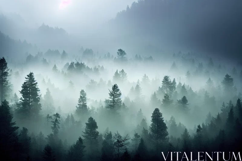 Mist-Covered Forest in Dark Magenta and Light Emerald | Majestic Composition AI Image
