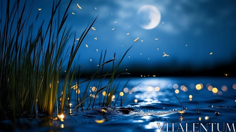 Moonlit Serenity: Captivating Night Landscape with Fireflies AI Image