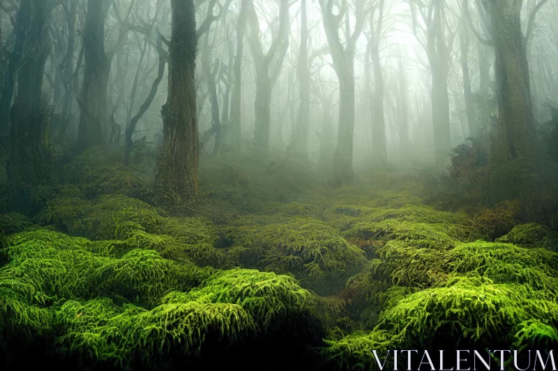 AI ART Mysterious Moss Covered Forest in the Mist | Ethereal and Otherworldly Atmosphere