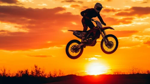 Silhouette Motocross Rider Jumping Over Hill at Sunset