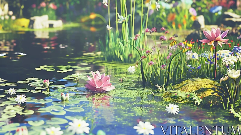 Tranquil Pond with Aquatic Plants and Blooming Flowers AI Image
