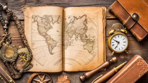 Vintage World Map with Compass, Clock, and Magnifying Glass on Wooden Background