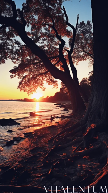 Captivating Sunset: A Majestic Tree on a Beach AI Image