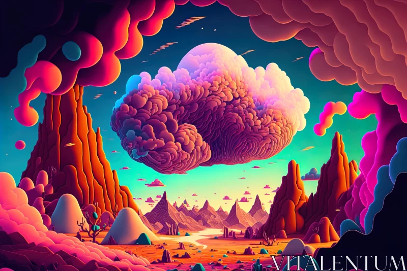 Colorful Landscape with Flying Clouds and Crisp Neo-Pop Illustrations AI Image