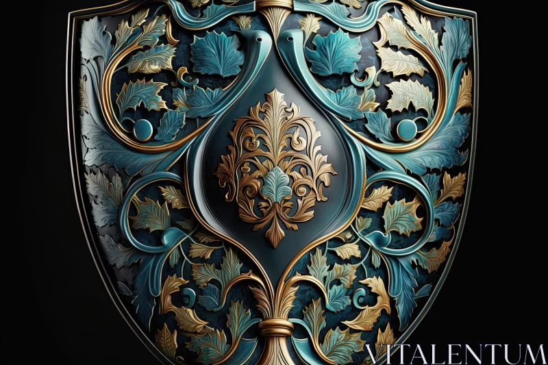 Exquisite Blue and Gold Shield with Ornamental Ornaments | Detailed Hyperrealism AI Image