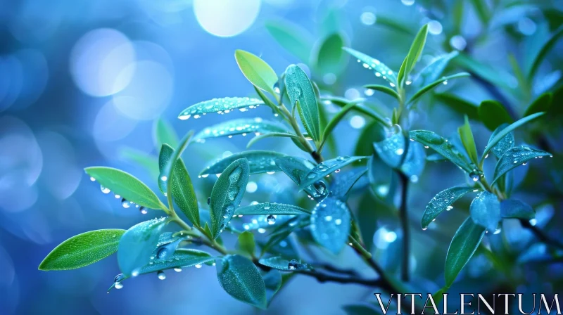 Glistening Raindrop-Covered Plant with Green Leaves AI Image