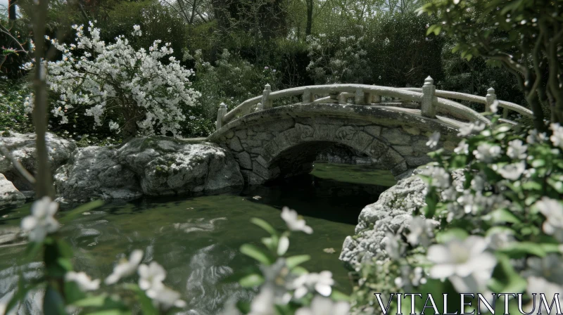 Serene Japanese Garden with Stone Bridge and Delicate Flowers AI Image