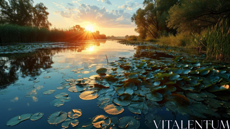 Serene Summer Landscape with River, Trees, and Water Lilies AI Image