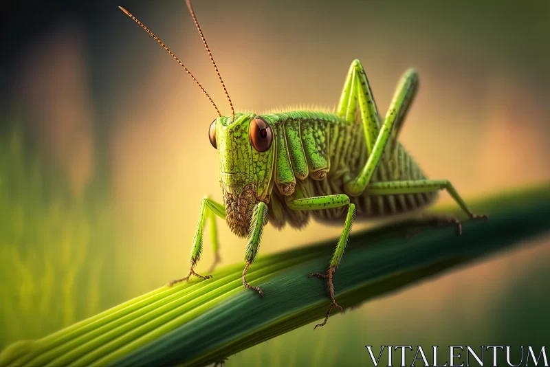 Vibrant Green Grasshopper on Blade of Grass - Realistic Portrait Painting AI Image