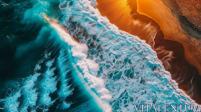 Aerial View of Beach with Surfing and Setting Sun AI Image