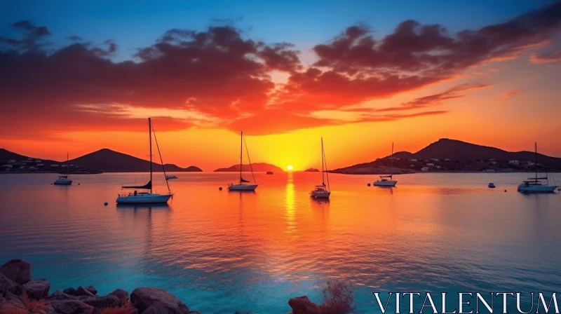 Captivating Sunset Scene with Sailboats on the Ocean AI Image