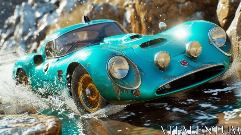 Classic Sports Car Driving Through Shallow River | Wallpaper or Magazine Article AI Image