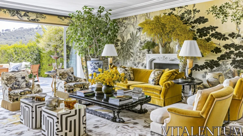 Eclectic and Maximalist Living Room with Yellow Sofa and Artworks AI Image