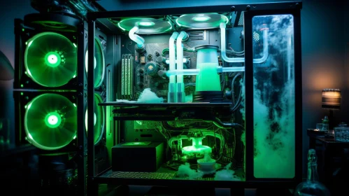 Futuristic Gaming PC with Green Liquid Cooling
