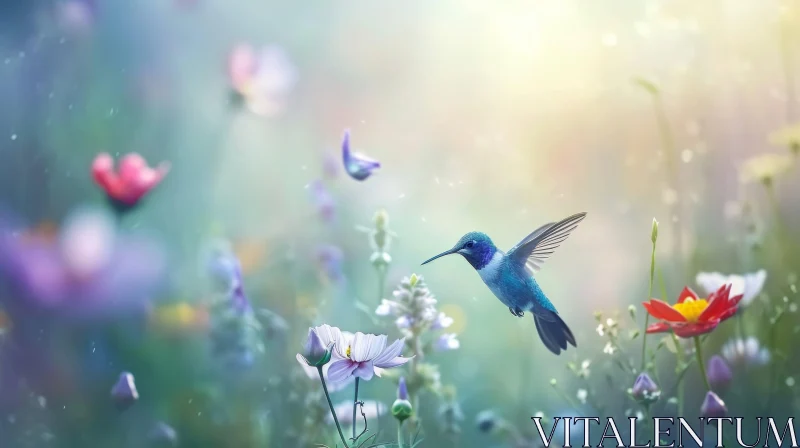 Graceful Hummingbird Watercolor Painting in a Field of Flowers AI Image