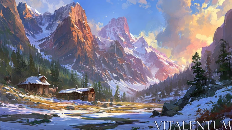 Majestic Mountain Valley Landscape Painting AI Image