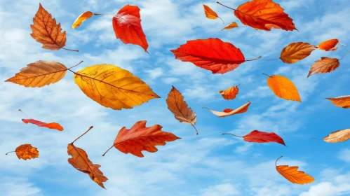 Autumn Leaves Falling Against Blue Sky - Vibrant Colors