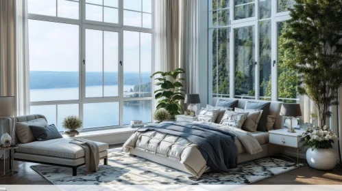 Captivating Modern Bedroom with Lake View | 3D Rendering