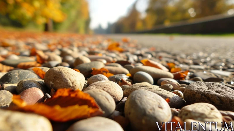 Enchanting Nature Scene: Pebbles, Fallen Leaves, and Blurred Trees AI Image