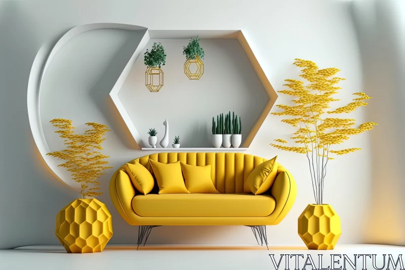 AI ART Luxurious Yellow Sofa and Plants - Whimsical Interior Design