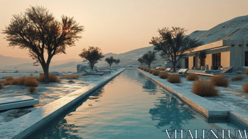 Luxury Villa with Pool in Desert Landscape | 3D Rendering AI Image