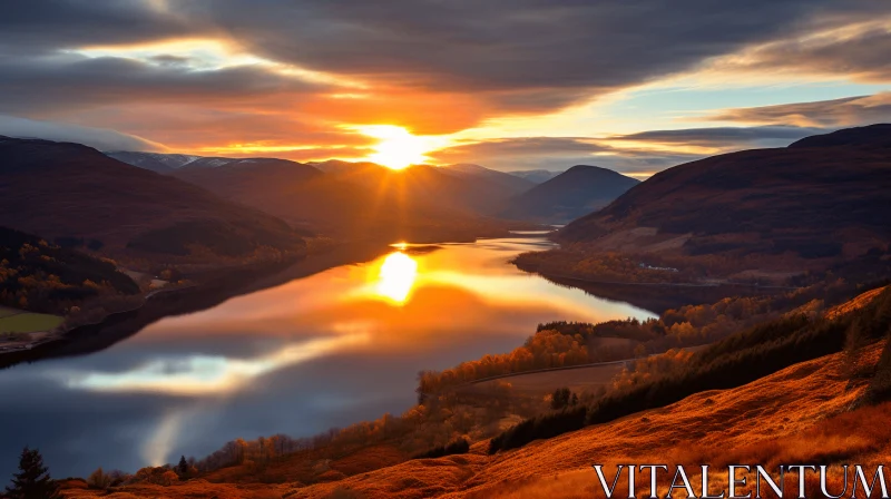 Mesmerizing Sunrise in the Mountains: Sparkling Water Reflections AI Image