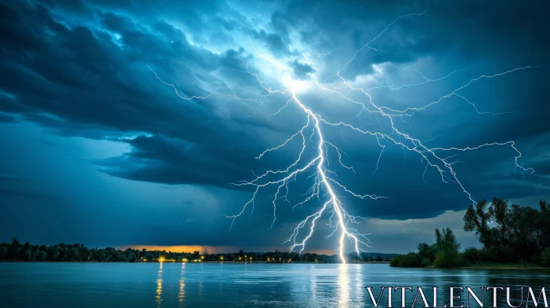 Powerful Bolt of Lightning Striking Water in a Dramatic Storm AI Image