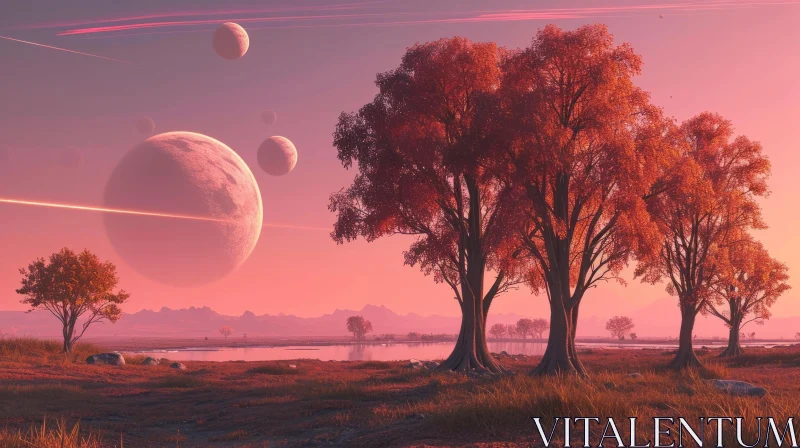 Serene Landscape of an Alien Planet with Pink Grass and Majestic Mountains AI Image