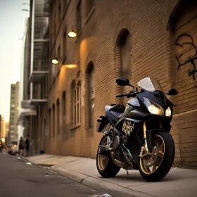 Black and Gold Motorcycle Parked on Side of Brick Building - Urban Fusion Art