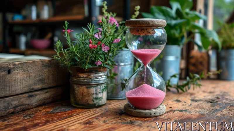 Captivating Still Life: Wooden Table with Potted Plant and Hourglass AI Image