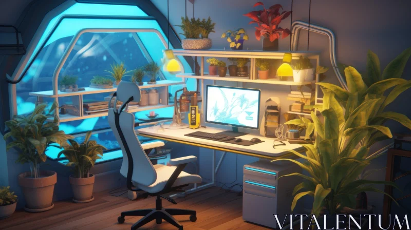 Cozy Futuristic Home Office with Underwater View AI Image