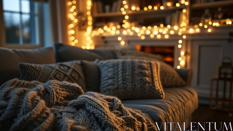 Cozy Living Room with Gray Couch and Knit Blanket AI Image