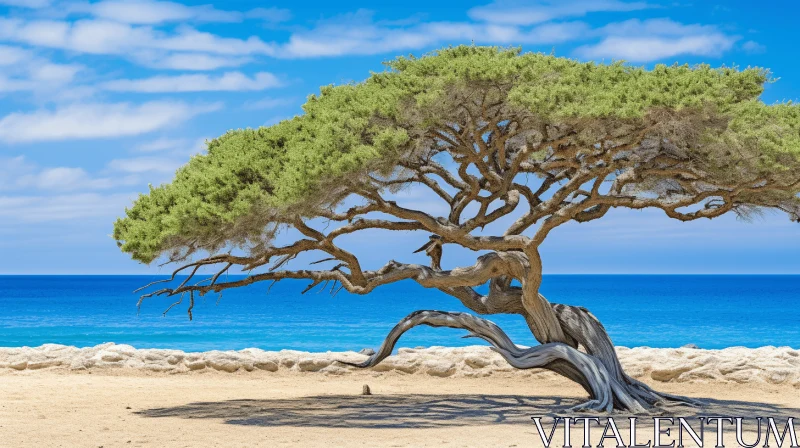 Majestic Tree on a Serene Beach | Hyperrealistic Mediterranean Landscape AI Image