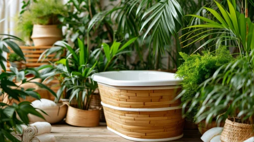 Serene and Spa-like | Freestanding Bamboo Bathtub with Lush Green Plants